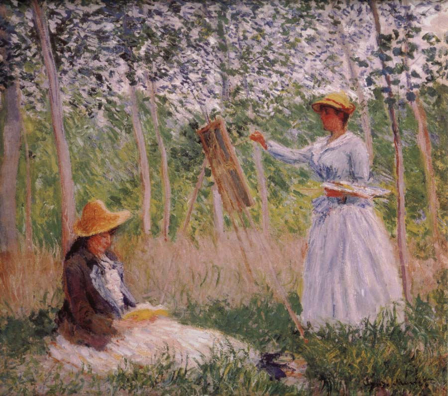 Suzanne Reading and Blanche Painting by the Marsh at Giverny